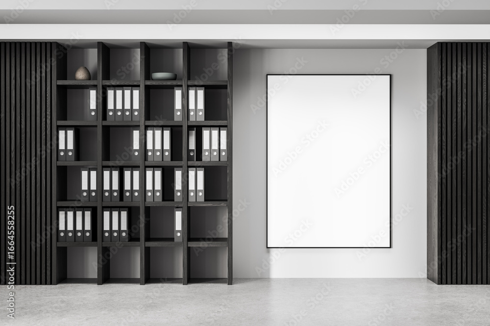 Poster office interior with modern bookshelf and blank vertical mockup frame on wall in minimalist design c