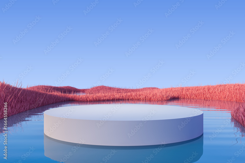 Poster minimal round pedestal mock up on water surrounded by surreal pink grass landscape under clear blue 