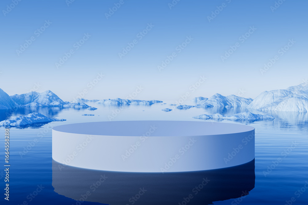 Poster minimal blue podium on reflective water surface surrounded by icy mountains with clear sky for produ