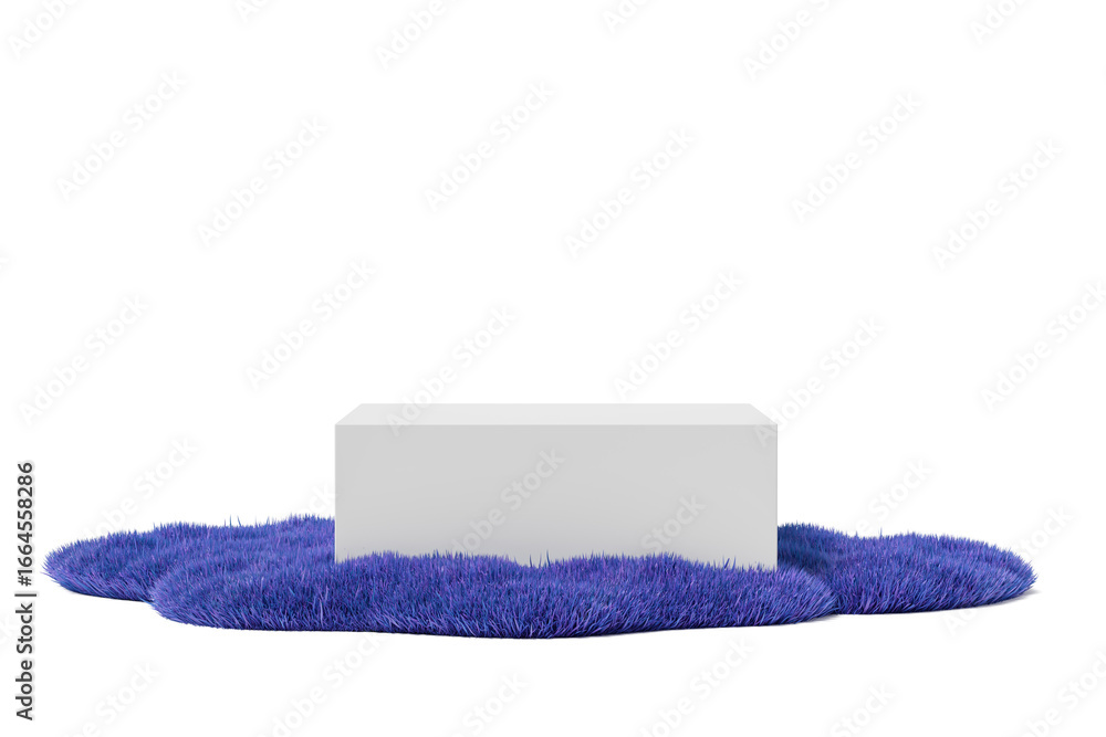 Poster white rectangular display mock up on soft purple fur rug with clean space for copy or design on whit