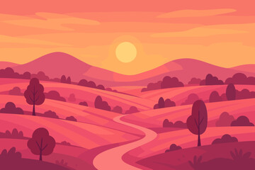 Beautiful abstract landscape with pink fields, rolling hills, trees, and a road at sunset. Scenic nature vector background. Modern flat cartoon style for wallpaper or banner.