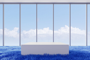 Minimal white podium on vibrant blue grass with panoramic glass windows and cloudy sky in modern...