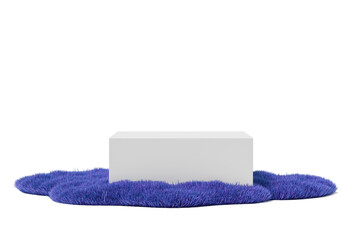 White rectangular display mock up on soft purple fur rug with clean space for copy or design on white background. 3D Rendering