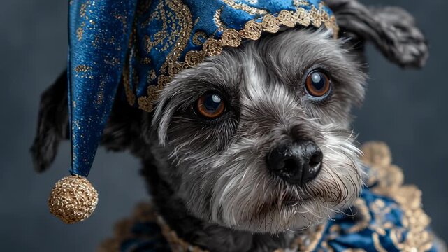 A small, fluffy dog with sad eyes wears an ornate blue and gold jester's hat and costume, creating a funny, yet touching, portrait against a gray background.