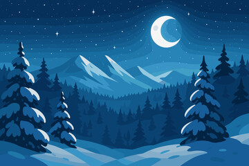 Naklejka premium Winter night landscape with snow mountains and pine forest. Crescent moon and stars in dark sky. Tranquil, peaceful, calm nature scene. Christmas holiday background concept.