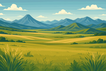 Fototapeta premium Vast prairie landscape with rolling hills and fields vector illustration. Scenic mountain range with volcano peak background. Summer nature view of steppe, meadow and grasslands.