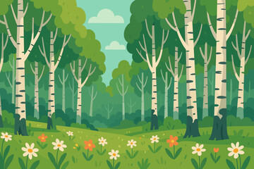Vector landscape of a birch grove in spring. Beautiful forest glade with flowers. Natural scenery with trees and blue sky. Modern flat cartoon style illustration. Idyllic view.
