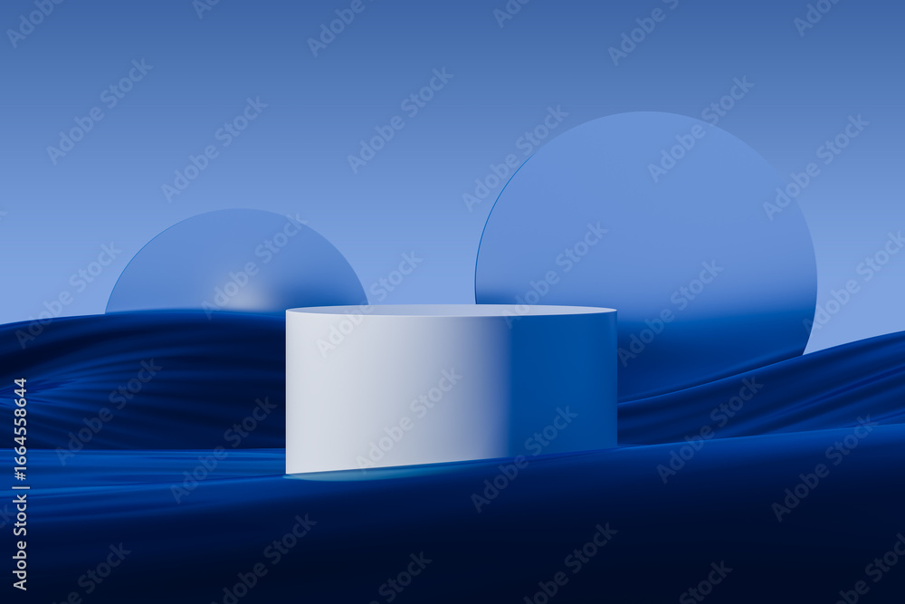 Poster abstract blue podium mockup with geometric shapes and smooth fabric waves for product presentation t