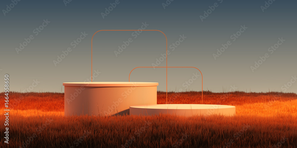 Aufkleber minimalist podium mock up with geometric shapes in glowing orange field at sunset for product displa