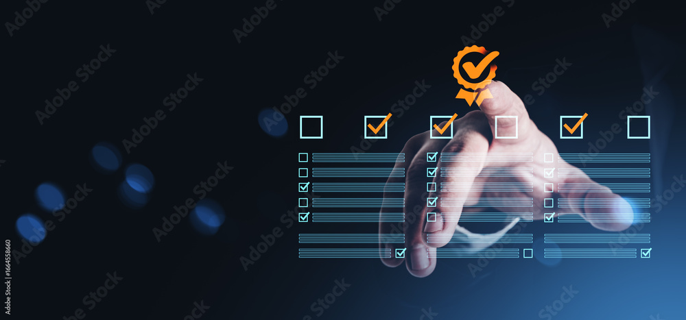 Poster businessman's hand selecting digital checkboxes with a quality assurance badge on abstract digital i