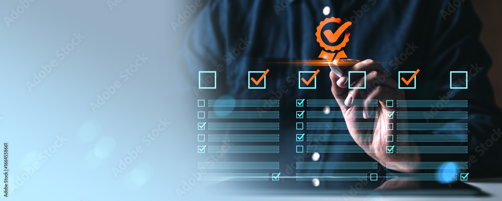 Poster businessman using digital checklist interface with quality assurance certification mark icon over tr
