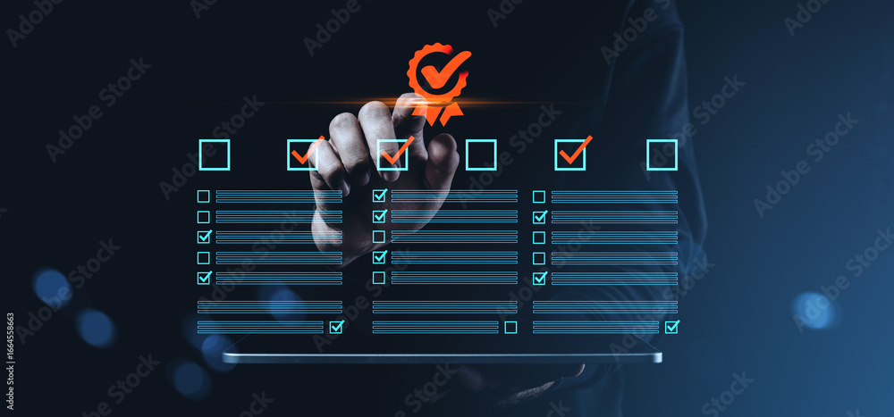 Poster businessman selecting checklist with quality approval checkmark icon on virtual interface screen in 