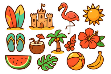 Summer beach icon set. Vector cartoon collection with surfboard, sandcastle, flamingo, palm tree, sun, coconut cocktail, watermelon, and tropical flower. Vacation travel concept.