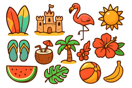 Summer beach icon set. Vector cartoon collection with surfboard, sandcastle, flamingo, palm tree, sun, coconut cocktail, watermelon, and tropical flower. Vacation travel concept.