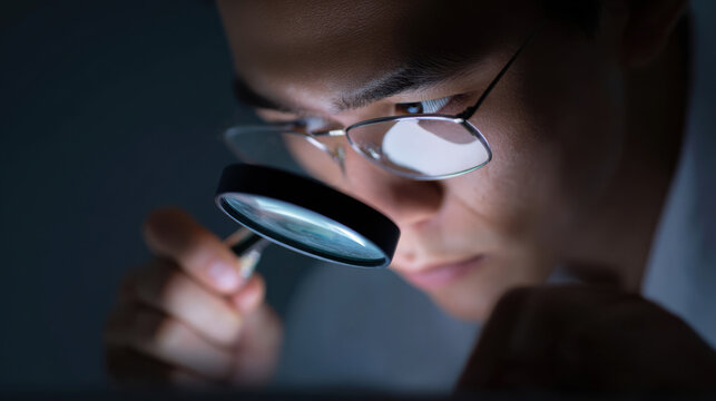 Young male engineer examining circuit board closely with magnifying glass, focused on detailed electronic components inspection