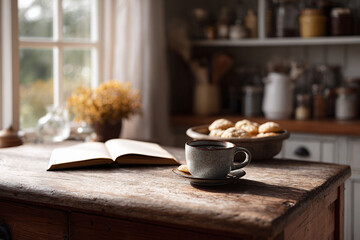 Fototapeta premium Cozy kitchen scene with coffee, cookies, and a book bathed in natural light. Evokes relaxation, home comfort, and simple pleasures. Ideal for lifestyle, food, or reading themes.