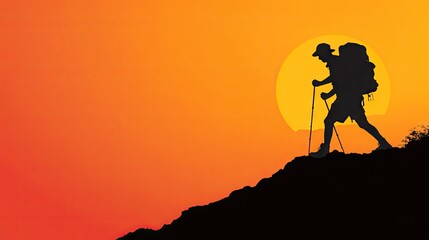 Fototapeta premium Silhouette of a hiker ascending a mountain at sunset.