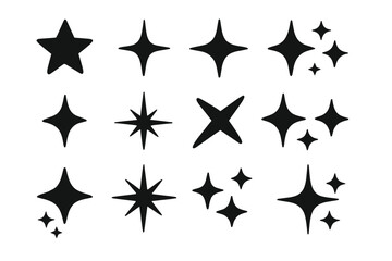 Big collection of black star and sparkle icons. Vector set of various twinkle, flash, and shine symbols. Graphic design elements for magic, clean, or quality concepts. Hand-drawn.