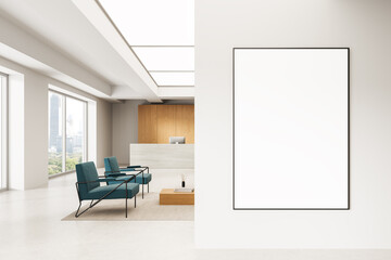 Modern office interior with blank wall poster mockup and minimalist reception area featuring teal chairs and wooden desk in daylight setting. 3D Rendering
