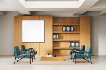 Modern waiting area interior with teal armchairs, wood accents and minimalist decor in office environment, featuring built-in shelves and lighting setup. 3D Rendering