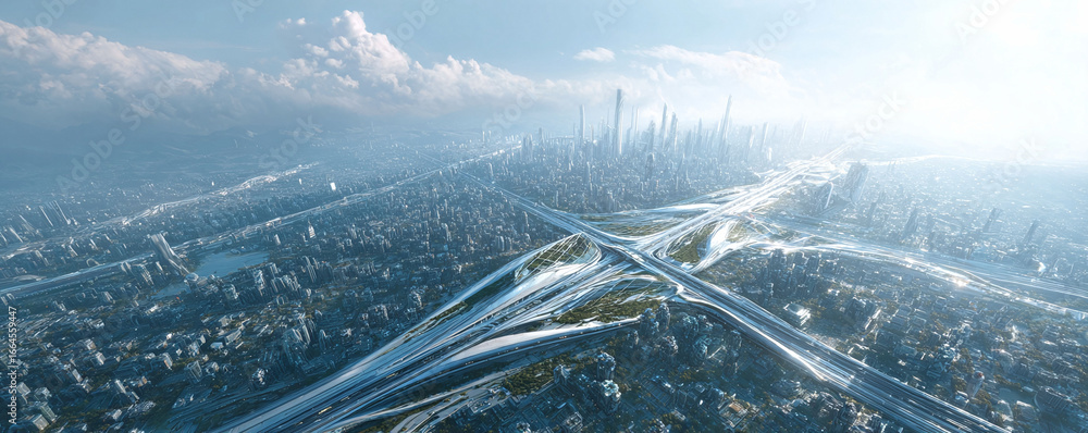 Poster futuristic cityscape with towering structures and complex highway systems, bathed in light. symboliz