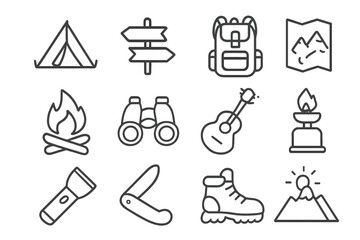 Camping and hiking outline icon set. Outdoor equipment and adventure symbols collection. Vector line art illustration for travel, tourism, nature exploration, and recreation.