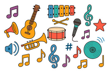 Music instruments icon set. Cartoon vector illustration collection. Guitar, drum, trumpet, xylophone, microphone, notes, clef, record. Sound, melody, song, audio concept.