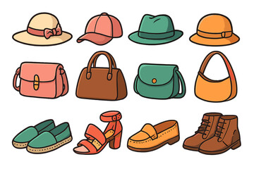 Fashion accessories vector set. Collection of cartoon style hats, bags, shoes. Men and women footwear, headwear, purses. Isolated design elements for shopping and retail.