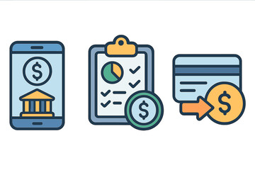 Finance icon set for mobile banking, budgeting, payment transaction. Fintech concept for money management, digital wallet, online transfer. Vector cartoon illustration isolated.
