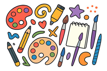 Art supplies doodle set. Hand drawn vector illustration of creative tools for painting and drawing. Palette, brush, pencil, sketchbook elements. Back to school or hobby concept.