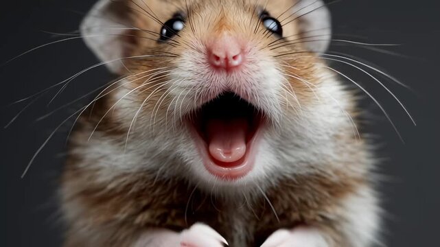 A cute brown and white hamster with a pink nose and whiskers stands with its mouth wide open, looking surprised or excited against a dark gray background.