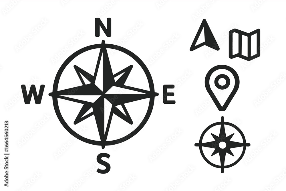 Poster navigation and direction icon set. vector collection with compass rose, map pin, location marker, an