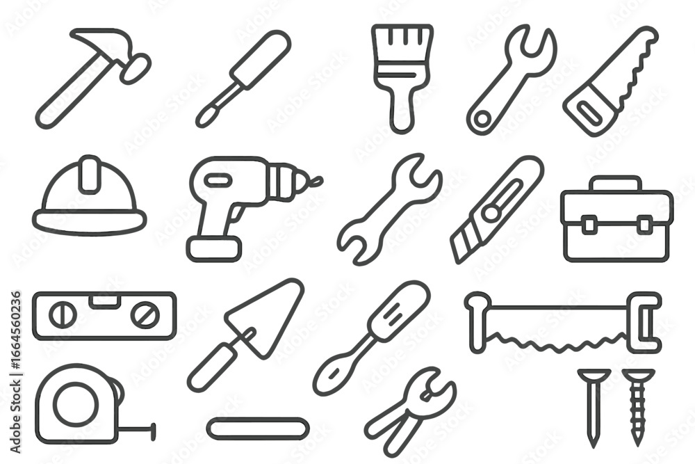 Poster construction tools line icon set. builder equipment and hardware linear icons collection. home repai