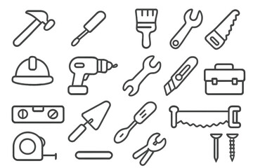 Construction tools line icon set. Builder equipment and hardware linear icons collection. Home repair, carpentry and DIY instruments vector graphic symbols for web and app.