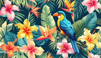 Vibrant tropical flowers and birds in a repeating pattern.