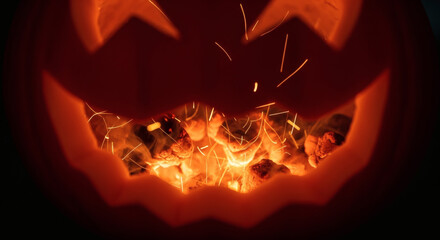 Fototapeta premium Close-up of a carved jack-o-lantern with lit flames inside, against a dark background.