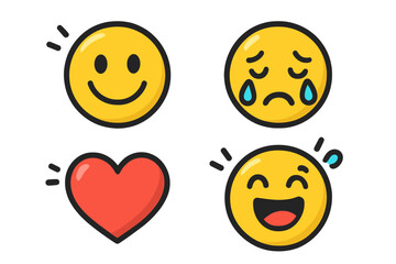 Collection of emoticons. Set of cute cartoon emoji faces expressing different emotions. Vector pack with happy smile, crying sad face, joyful laugh and red heart symbol icons.