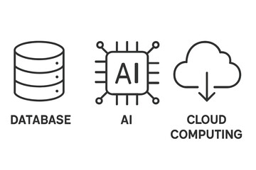 Data analysis and technology vector line icon set. Concepts include database storage, AI or artificial intelligence processing, and cloud computing download. Linear icons illustration.
