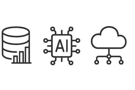 Data analysis line icon set with database, AI artificial intelligence and cloud computing linear icons. Big data analytics, server storage, machine learning vector symbol collection.