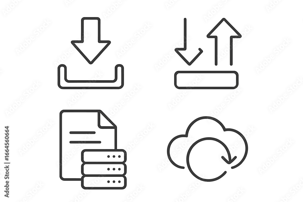 Poster data transfer line icon set. file download, upload, storage, and backup outline collection. cloud co