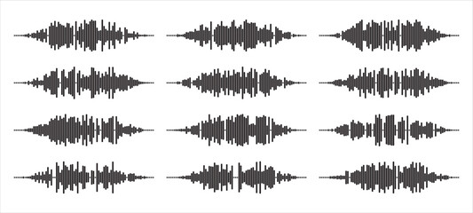 Audio wave tune print, voice message, podcast audio recording. Vector audio player soundwave visualization or voice message sound wave. Podcast audio streaming. Music, sound concept.