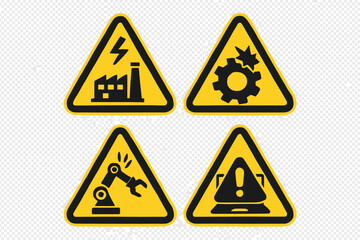 Set of industrial warning signs. Factory hazard symbols. Mechanical failure, robotic arm malfunction, power outage icons. Workplace safety concept vector illustration collection.