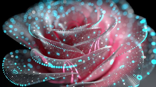 A glowing pink rose, with shimmering bokeh circles and dots, is a stunning example of digital floral artistry. This luminous design blends technology and nature.