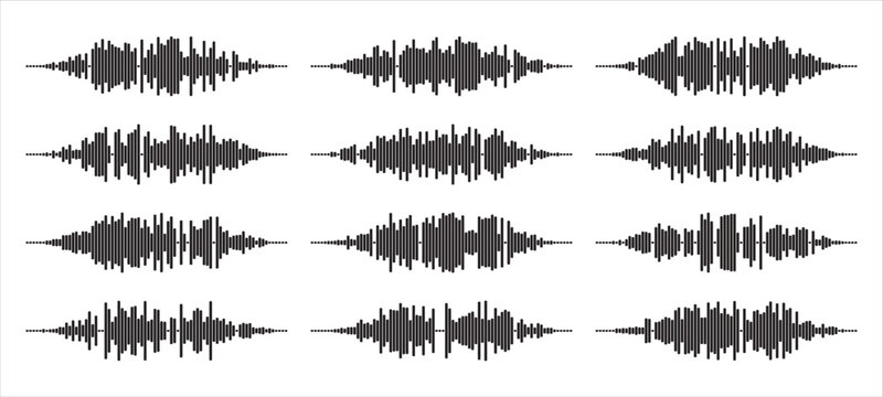 Audio wave tune print, voice message, podcast audio recording. Vector audio player soundwave visualization or voice message sound wave. Podcast audio streaming. Music, sound concept.
