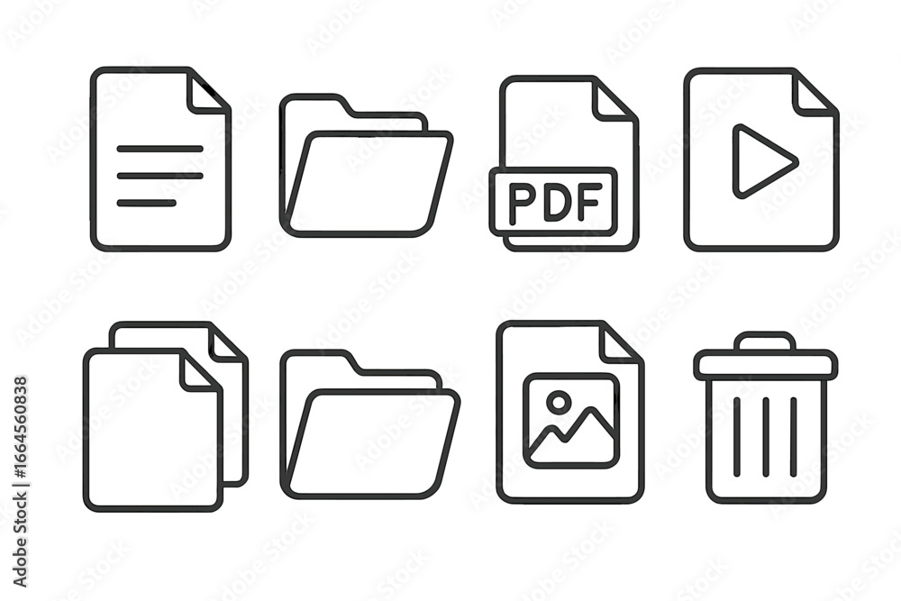 Poster file management line icon set. document, folder, pdf, media icons collection. user interface symbols