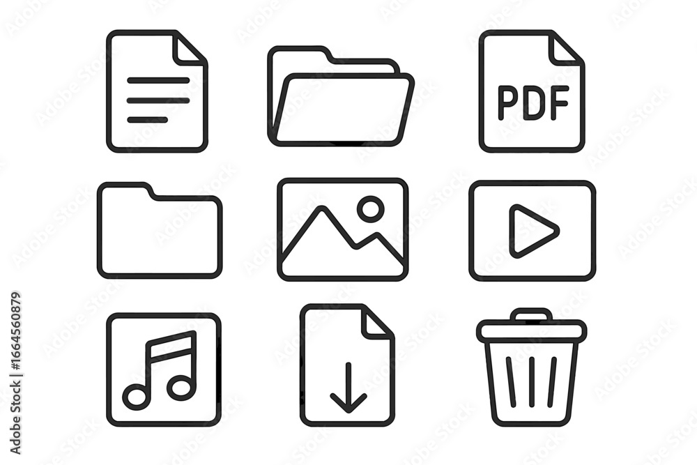 Poster file management line icon set. document, folder, pdf, media file symbols. vector data storage & medi