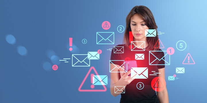 Woman checking smartphone with floating email icons, warnings, a