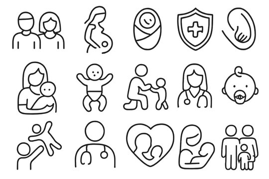 Family and maternity line icon set. Parenting, pregnancy and newborn baby care icons. Pediatrics, health care and medical symbols. Vector outline pictogram collection for web.