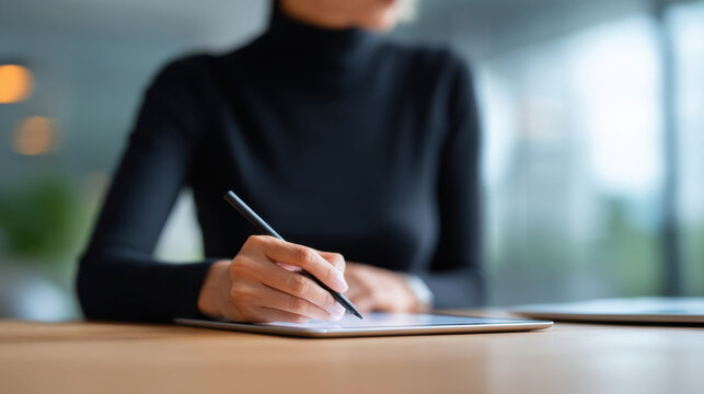 Asian woman black turtleneck using digital pen tablet drawing creative design with focus and concentration in modern office