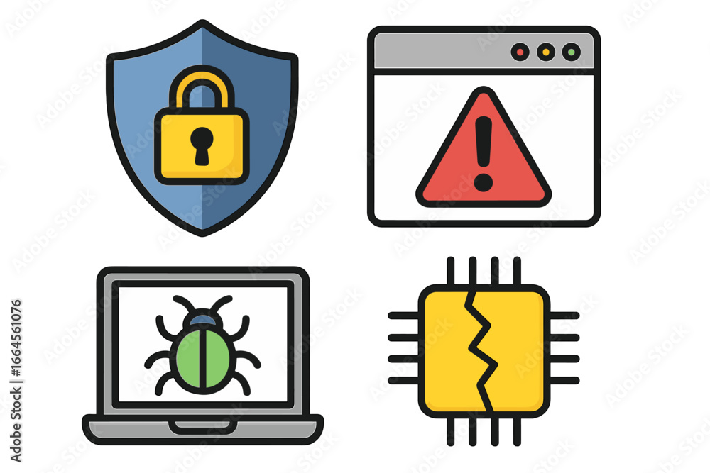 Poster cybersecurity vector icon set. protection and vulnerability. antivirus shield, computer virus bug, b
